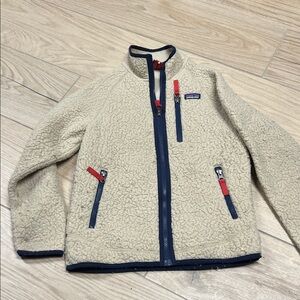 Patagonia Cream Fleece Jacket with Blue and Red Accents